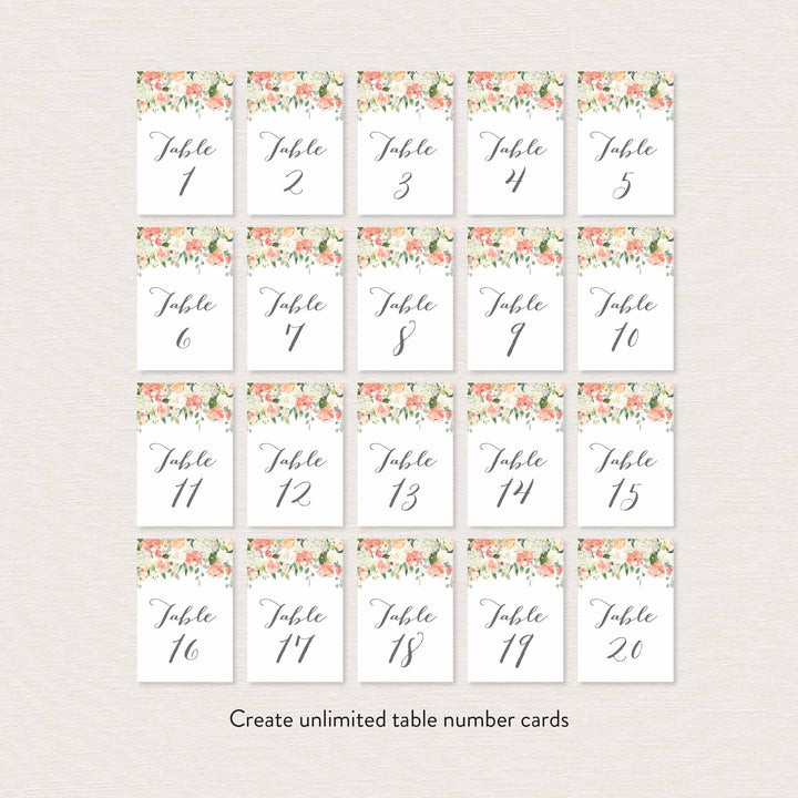 Peach and Cream Wedding Table Number Printable