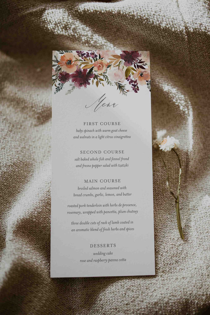 Romance Blush Wedding Menu Card Printable