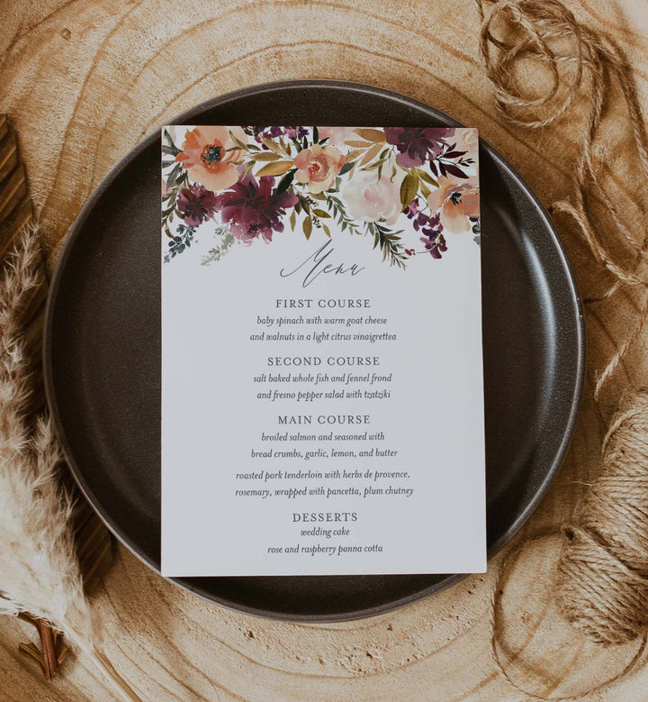 Romance Blush Wedding Menu Card Printable