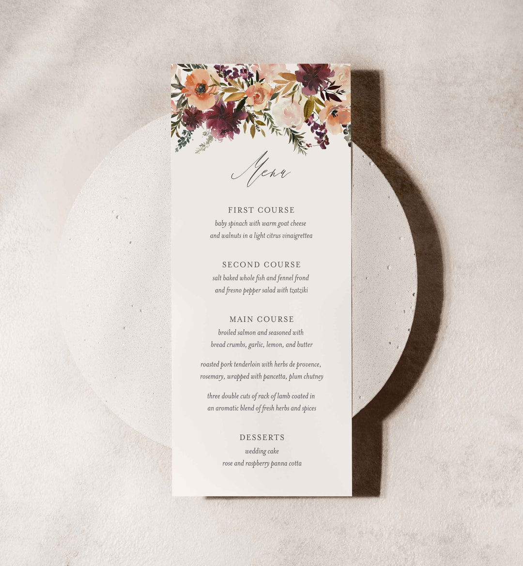 Romance Blush Wedding Menu Card Printable