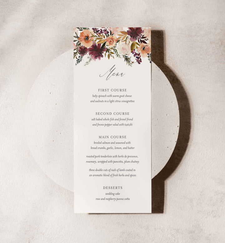 Romance Blush Wedding Menu Card Printable