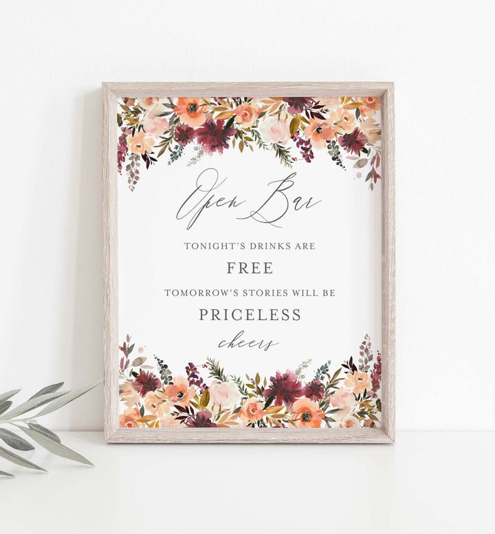 Romance Blush Wedding Open Bar Sign Printable