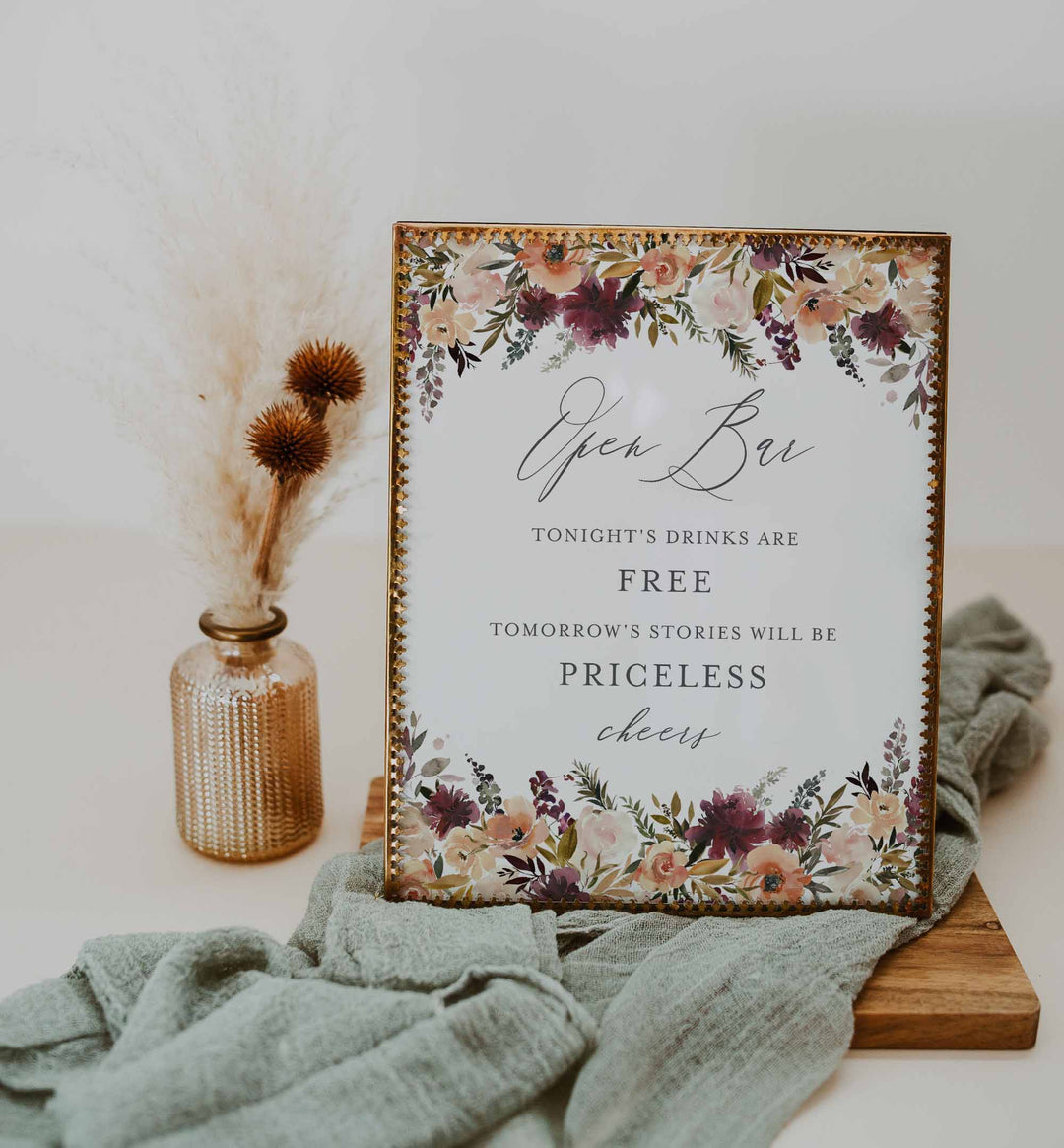 Romance Blush Wedding Open Bar Sign Printable