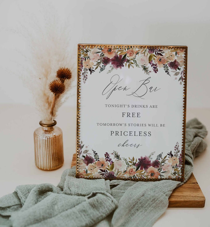 Romance Blush Wedding Open Bar Sign Printable
