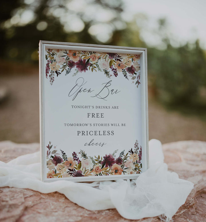 Romance Blush Wedding Open Bar Sign Printable
