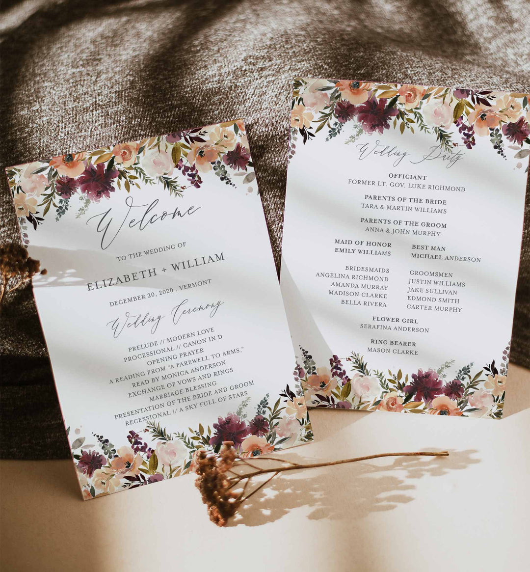 Romance Blush Fan Wedding Program Printable