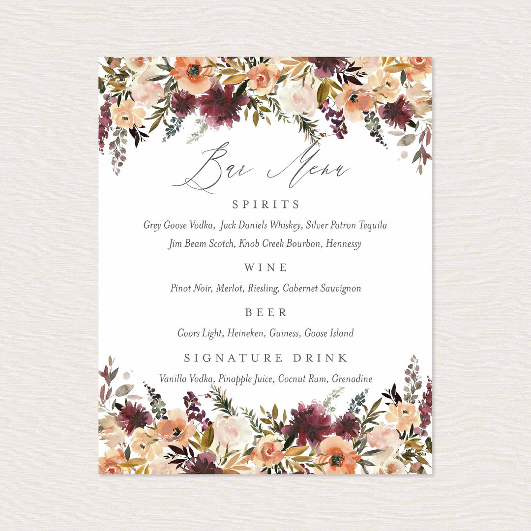 Romance Blush Wedding Bar Menu Sign Printable