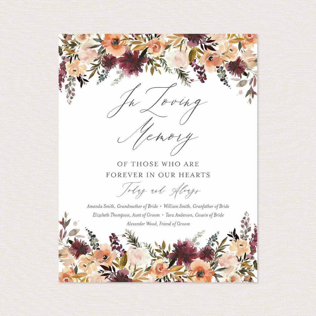 Romance Blush Wedding In Loving Memory Sign Printable