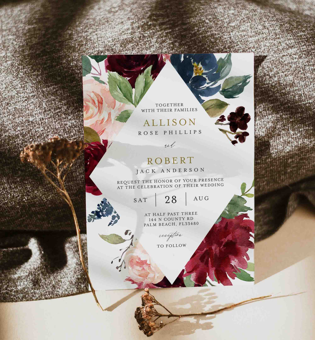 Burgundy Navy Wedding Invitation Printable