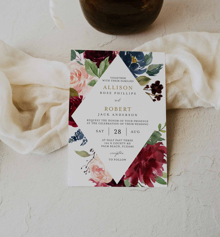 Burgundy Navy Wedding Invitation Printable