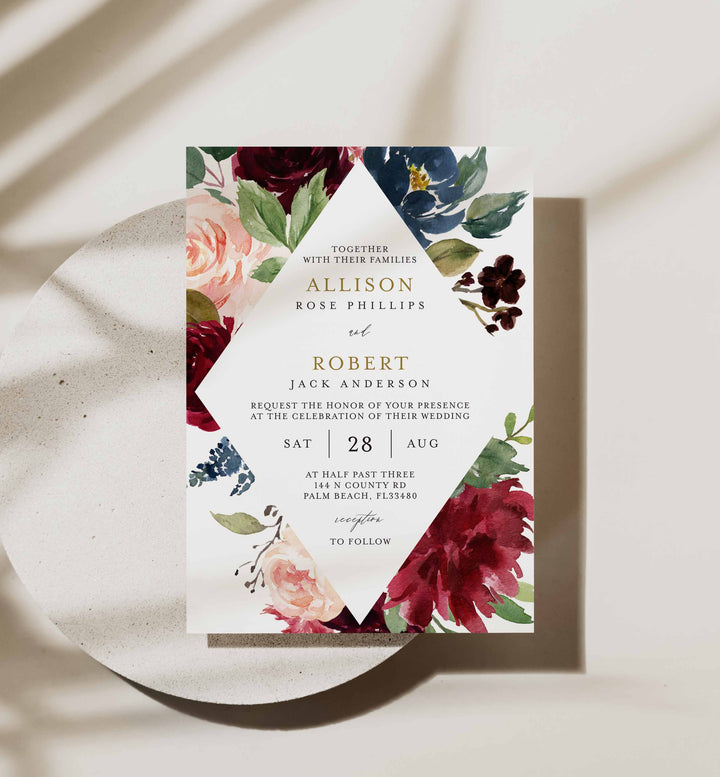 Burgundy Navy Wedding Invitation Printable