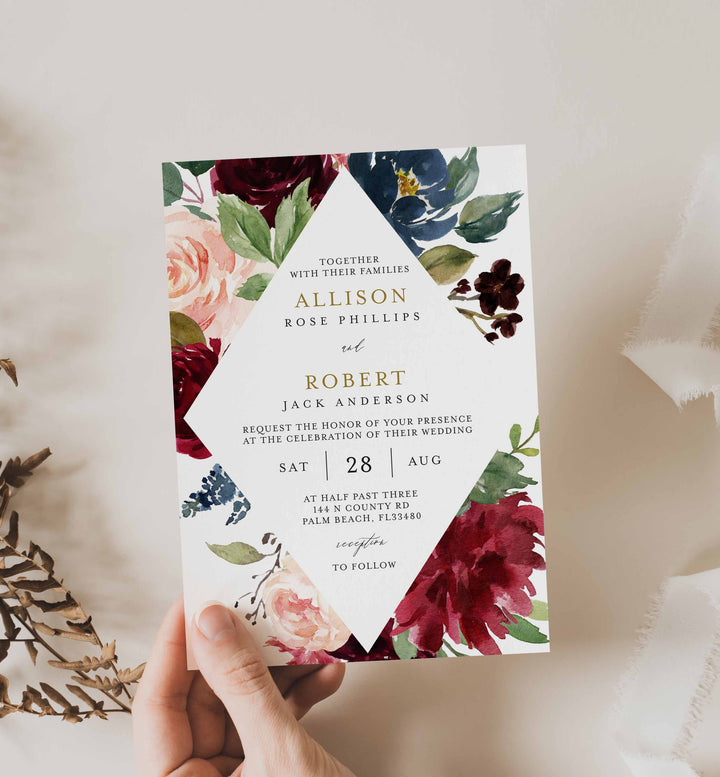 Burgundy Navy Wedding Invitation Printable