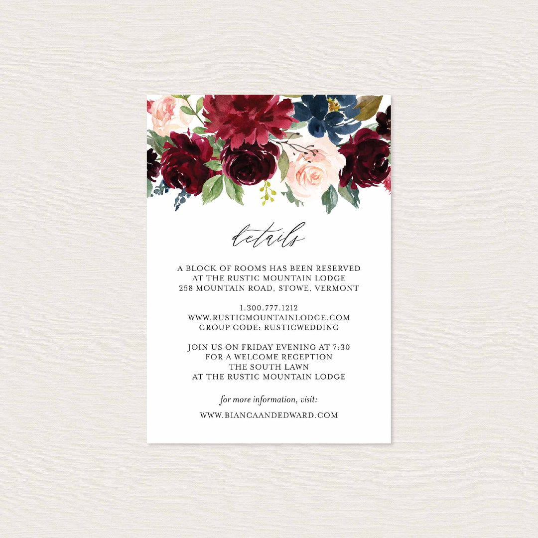 Burgundy Navy Wedding Details Card Printable