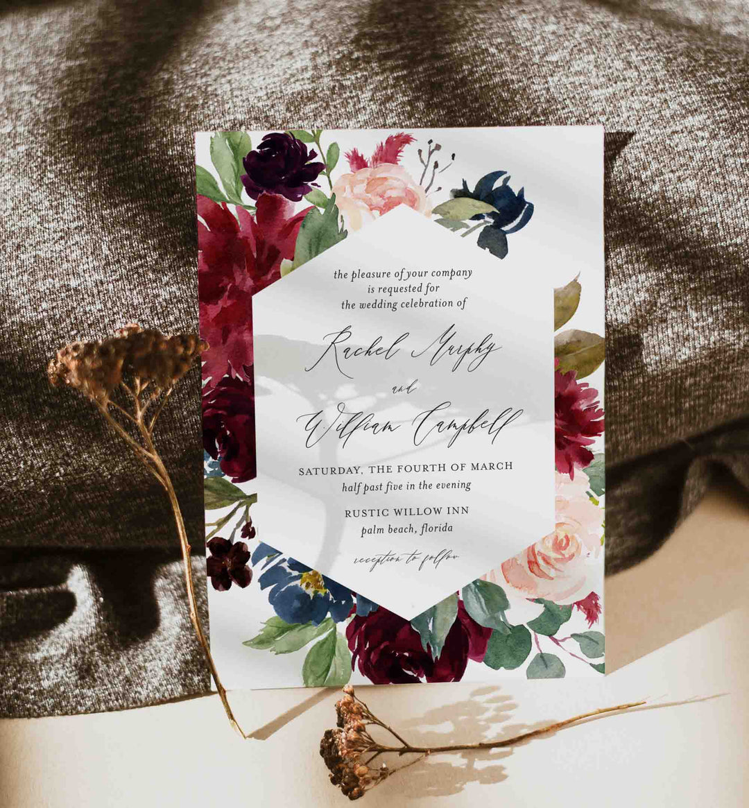 Burgundy Navy Wedding Invitation Printable