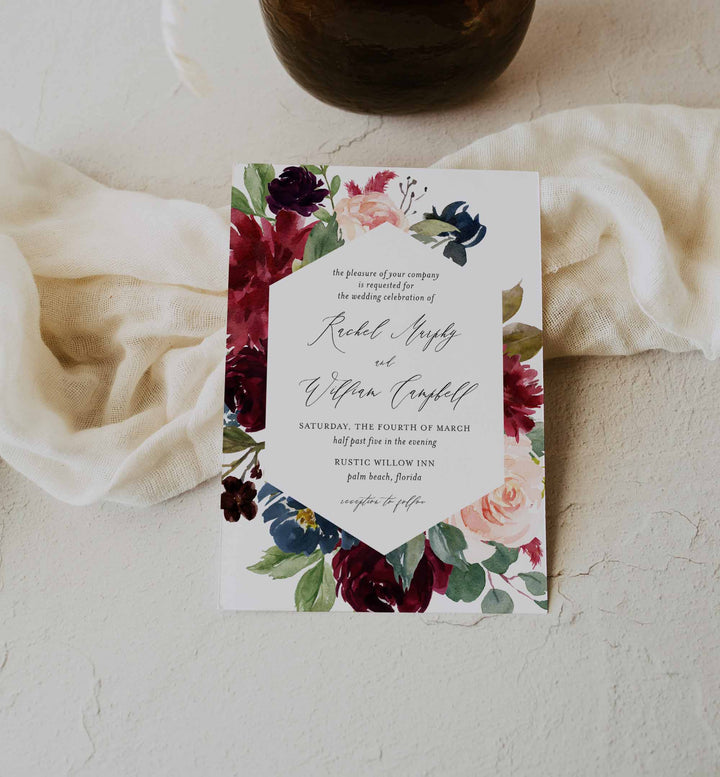 Burgundy Navy Wedding Invitation Printable