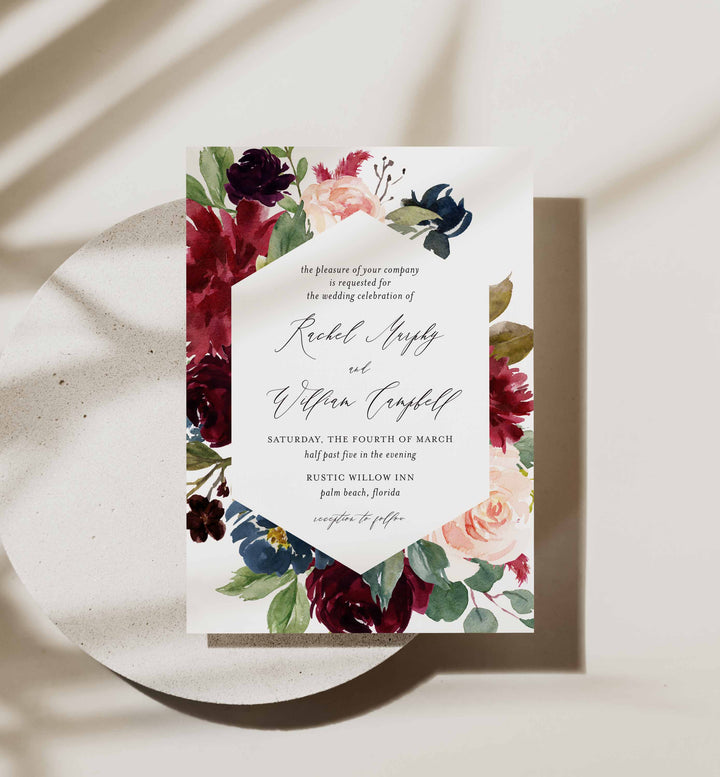 Burgundy Navy Wedding Invitation Printable