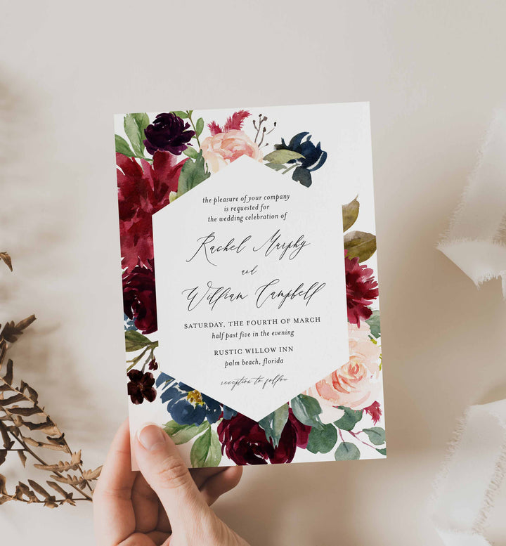 Burgundy Navy Wedding Invitation Printable