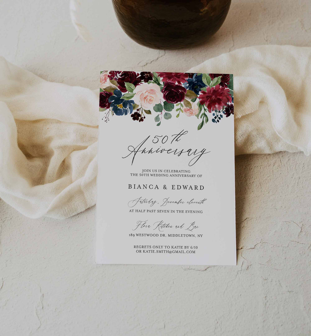 Burgundy Navy Wedding Anniversary Invitation Printable