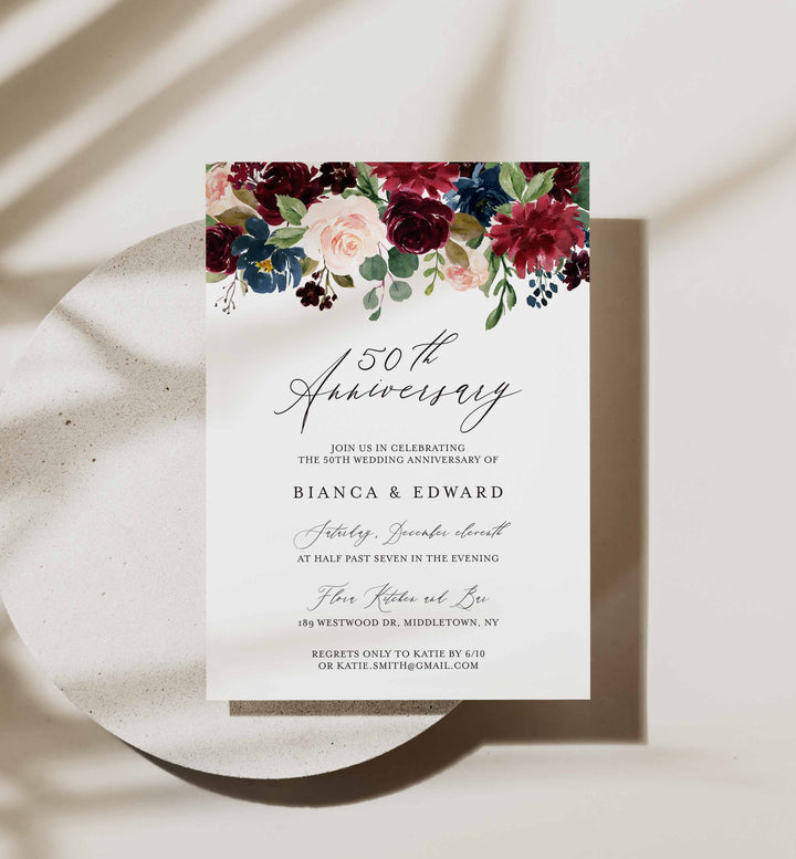 Burgundy Navy Wedding Anniversary Invitation Printable