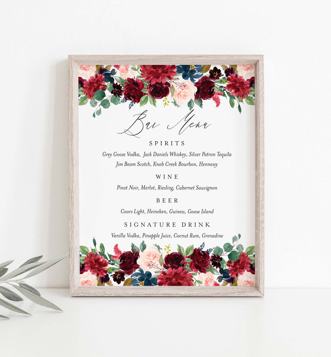 Burgundy Navy Wedding Bar Menu Sign Printable