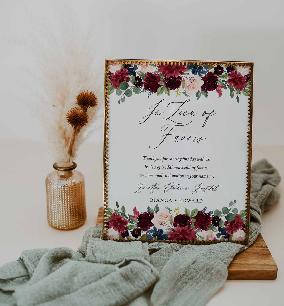 Burgundy Navy Wedding In Lieu Of Favours Sign Printable
