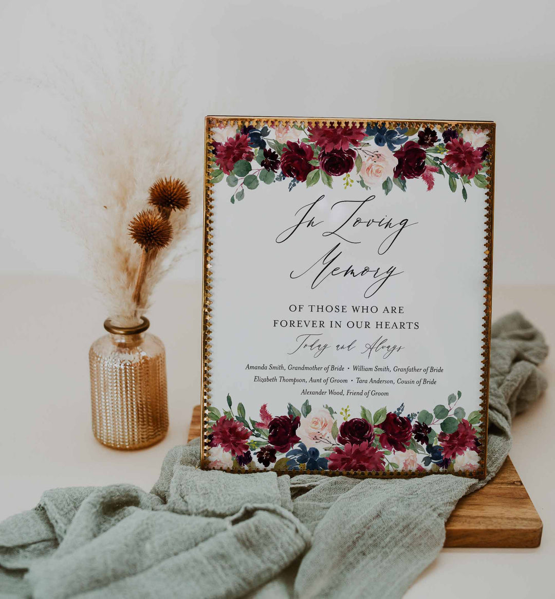 Burgundy Navy Wedding In Loving Memory Sign Printable