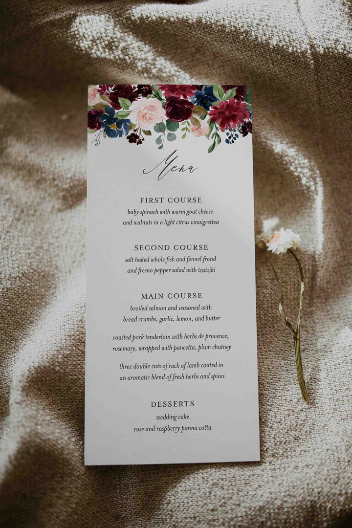 Burgundy Navy Wedding Menu Card Printable