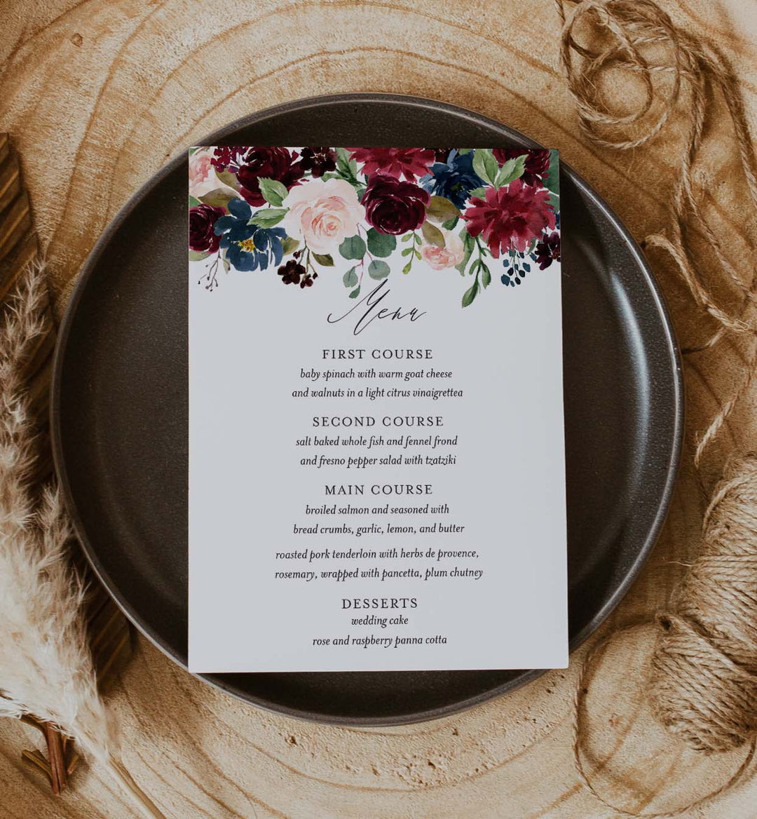 Burgundy Navy Wedding Menu Card Printable