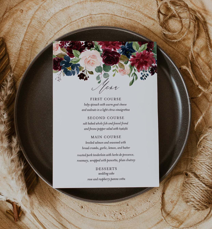 Burgundy Navy Wedding Menu Card Printable