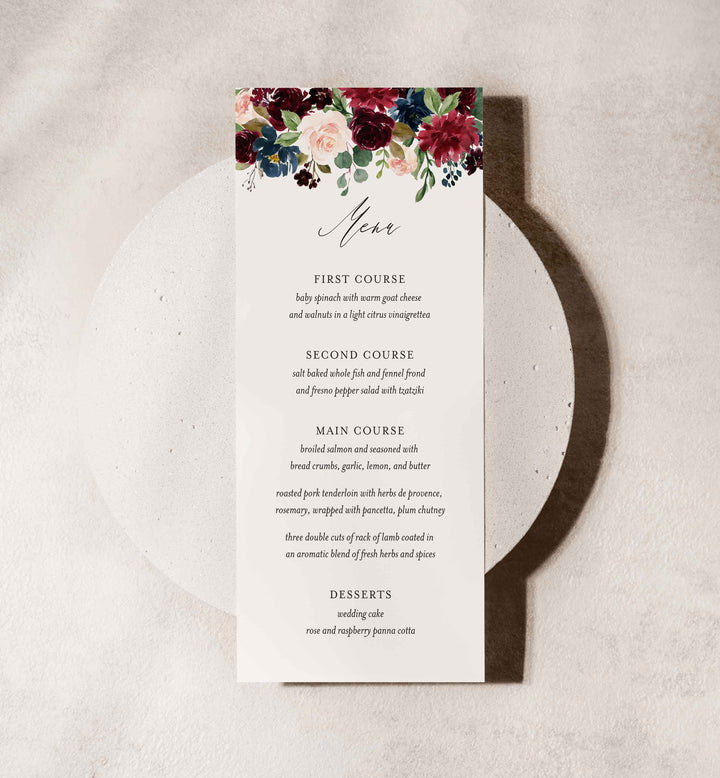 Burgundy Navy Wedding Menu Card Printable