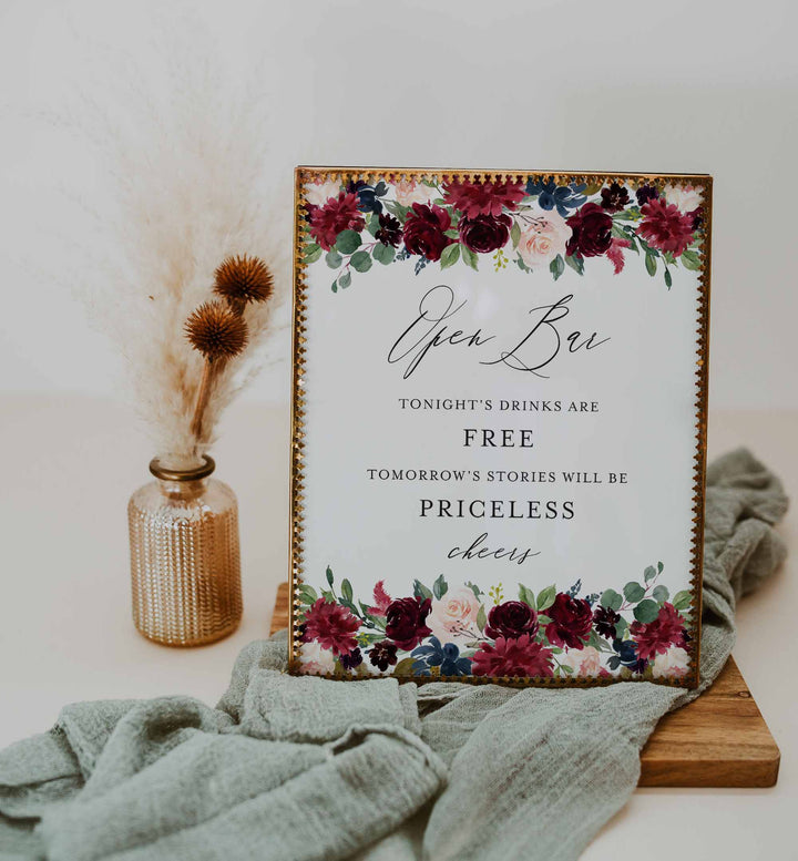Burgundy Navy Wedding Open Bar Sign Printable