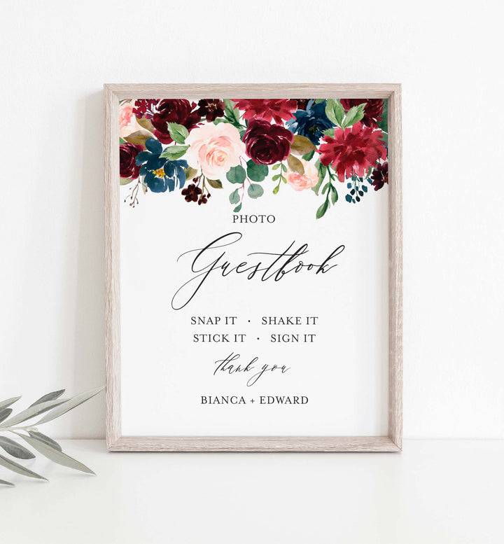 Burgundy Navy Wedding Photo Guestbook Sign Printable