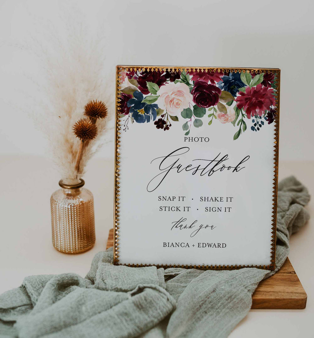 Burgundy Navy Wedding Photo Guestbook Sign Printable