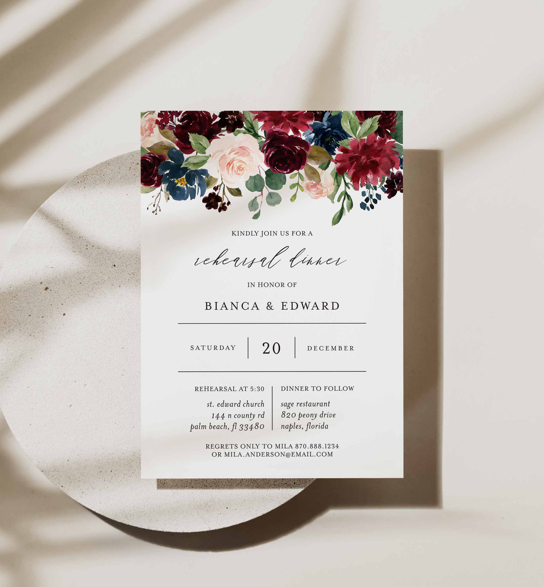 Burgundy Navy Wedding Rehearsal Dinner Invitation Printable