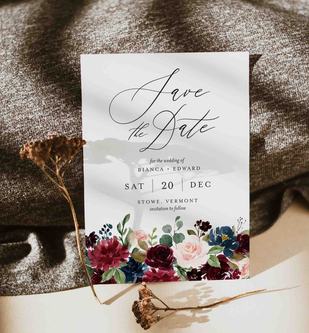 Burgundy Navy Wedding Save The Date Card Printable