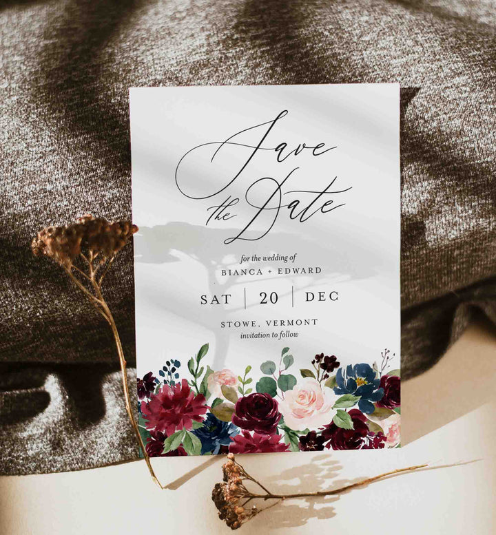 Burgundy Navy Wedding Save The Date Card Printable