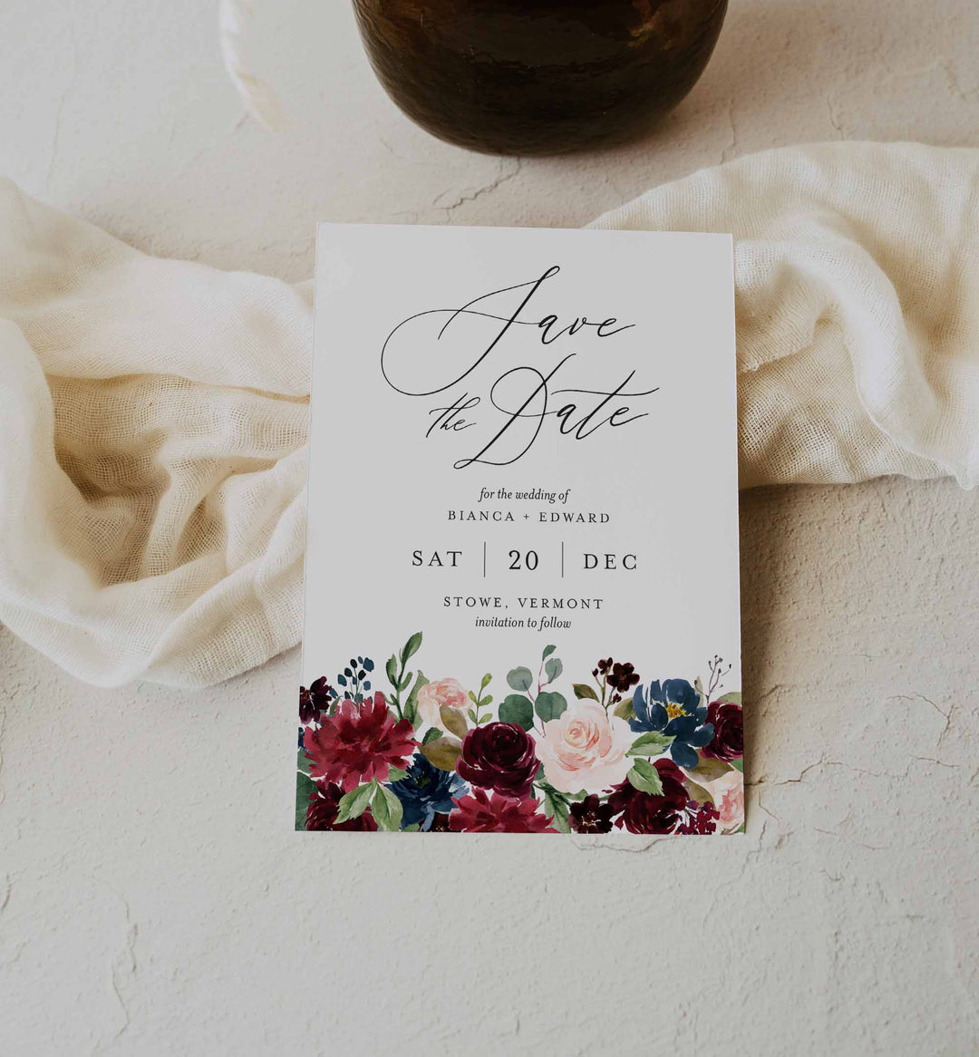 Burgundy Navy Wedding Save The Date Card Printable