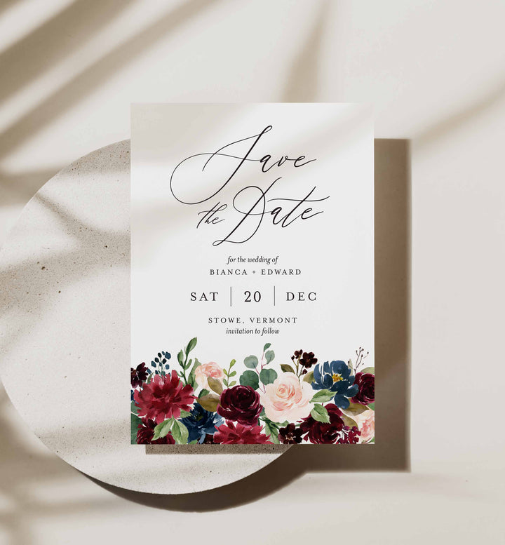 Burgundy Navy Wedding Save The Date Card Printable