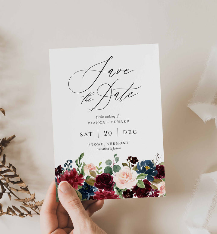 Burgundy Navy Wedding Save The Date Card Printable