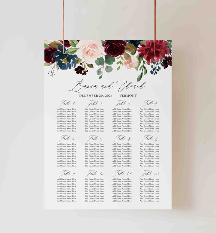 Burgundy Navy Wedding Seating Chart Sign Printable