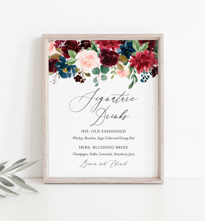 Burgundy Navy Wedding Signature Drinks Sign Printable