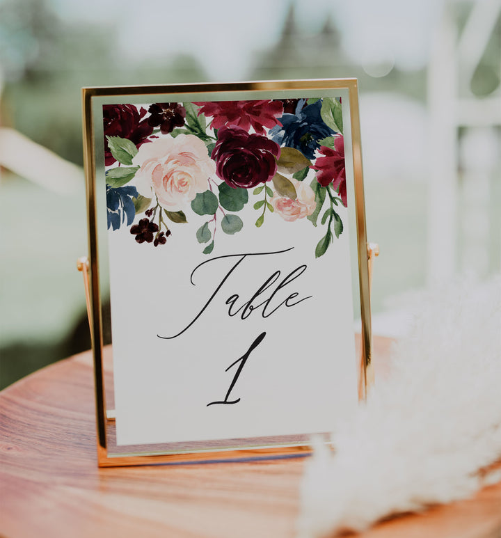 Burgundy Navy Wedding Table Number Printable