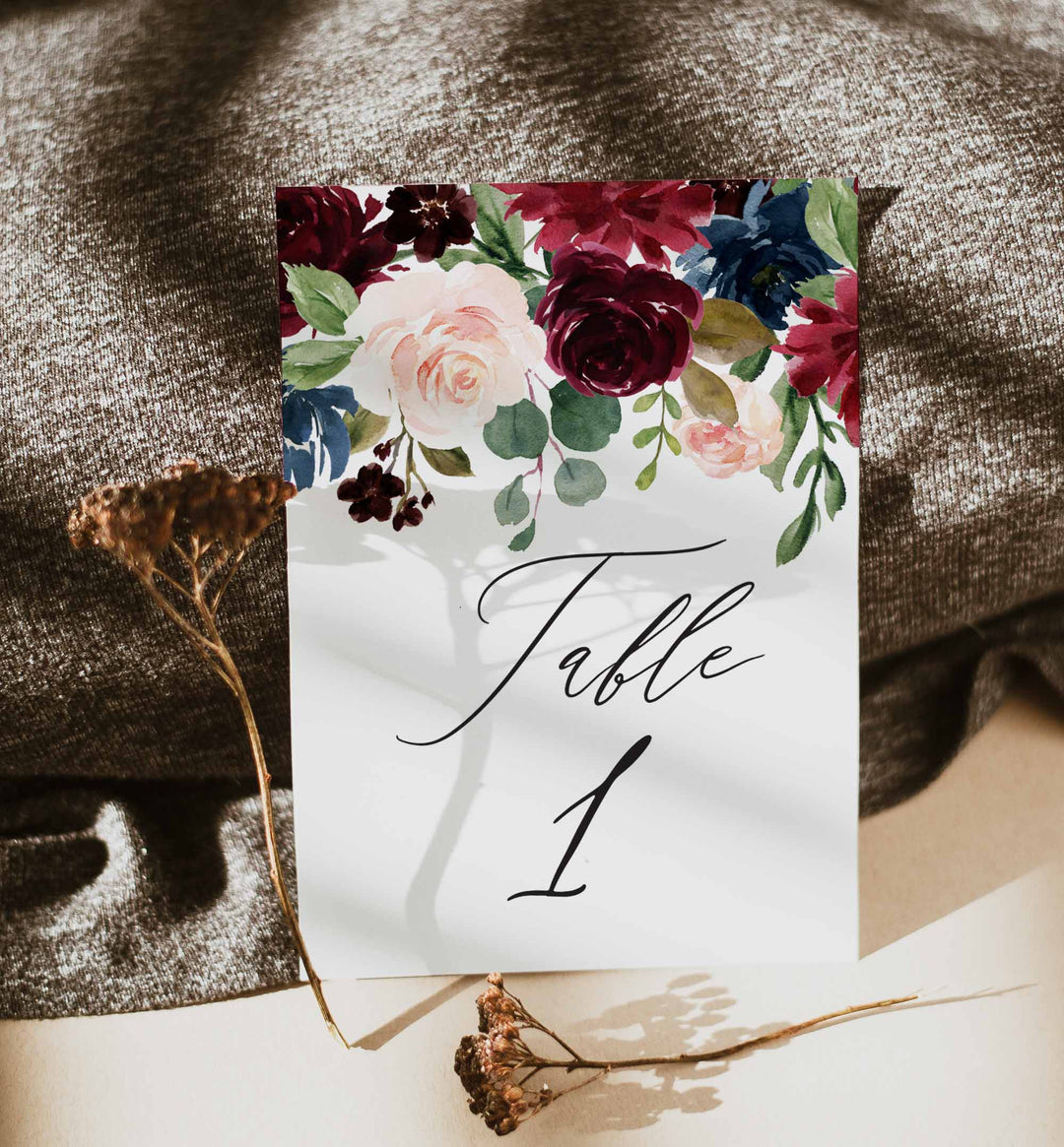 Burgundy Navy Wedding Table Number Printable