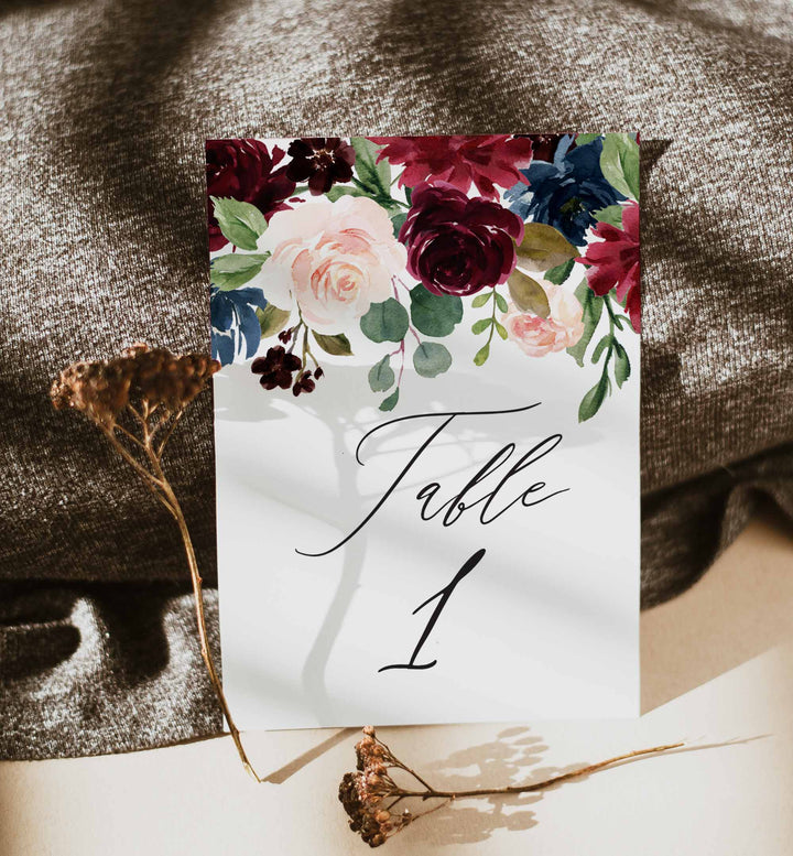 Burgundy Navy Wedding Table Number Printable