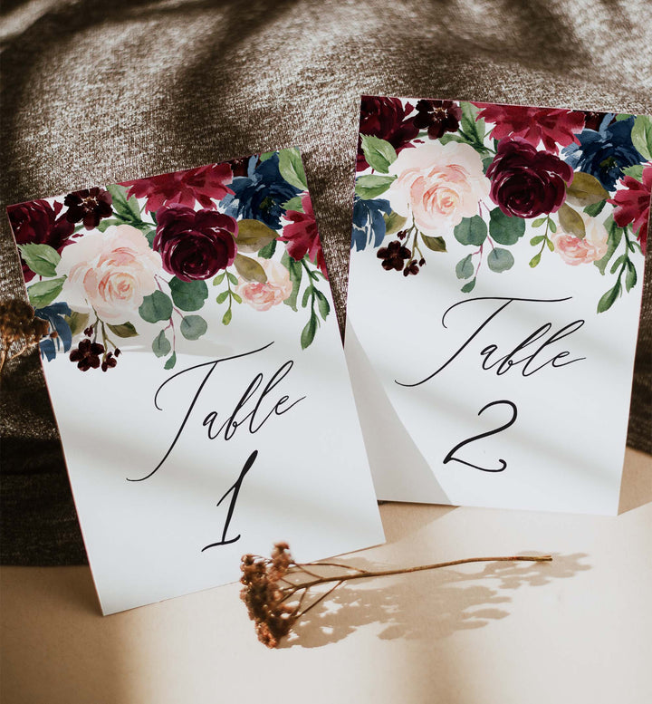 Burgundy Navy Wedding Table Number Printable