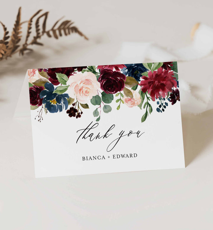 Burgundy Navy Wedding Thank You Card Printable