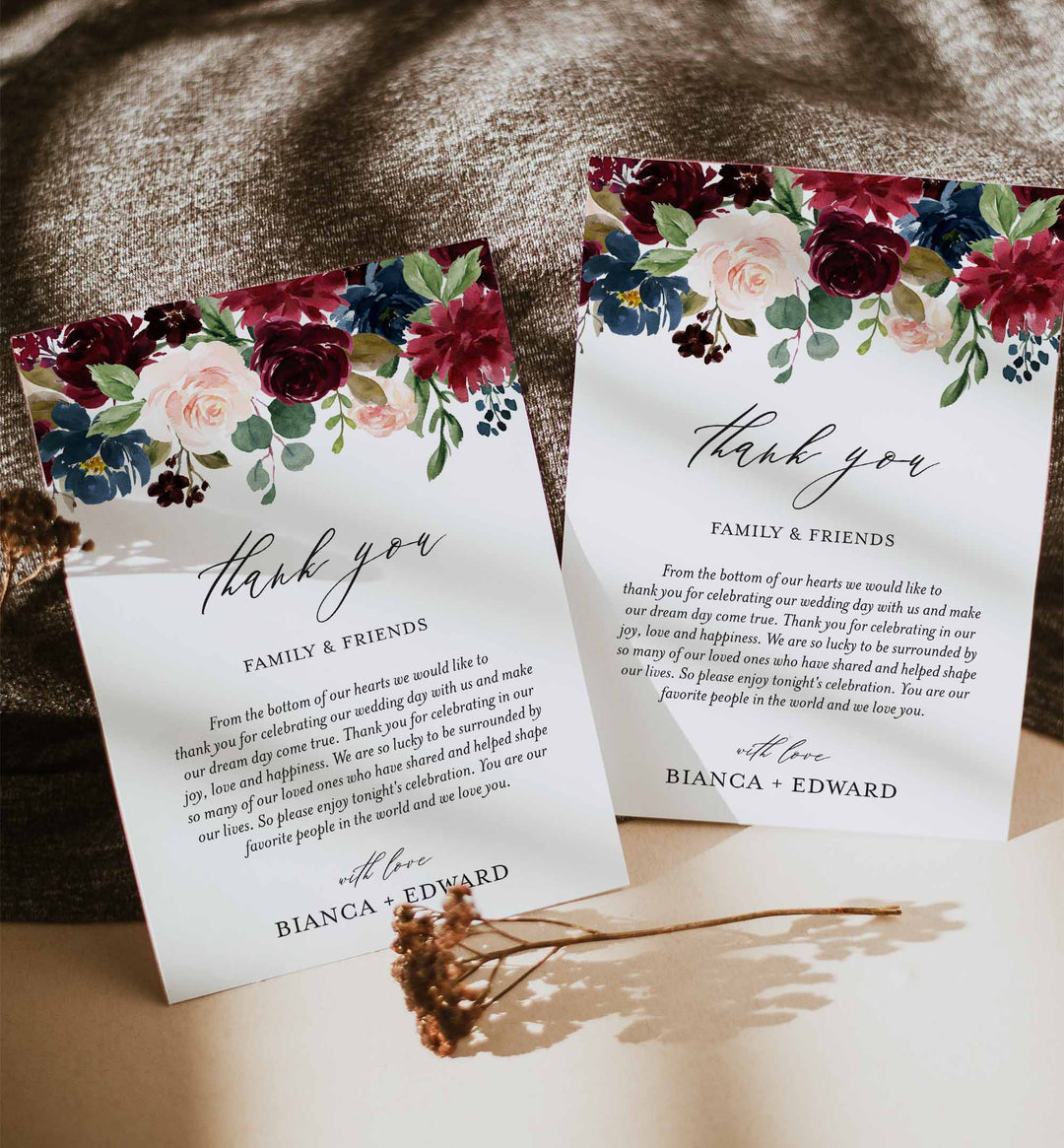 Burgundy Navy Wedding Thank You Note Printable