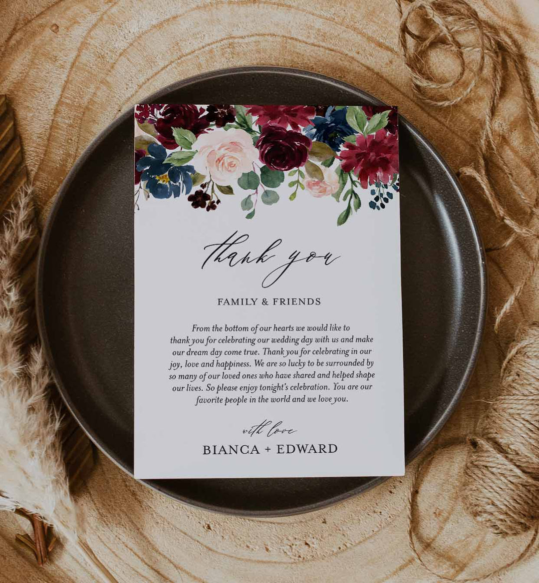 Burgundy Navy Wedding Thank You Note Printable