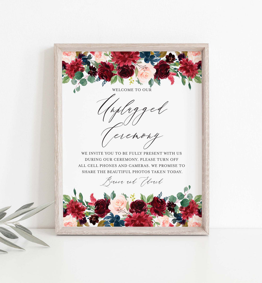Burgundy Navy Wedding Unplugged Ceremony Sign Printable