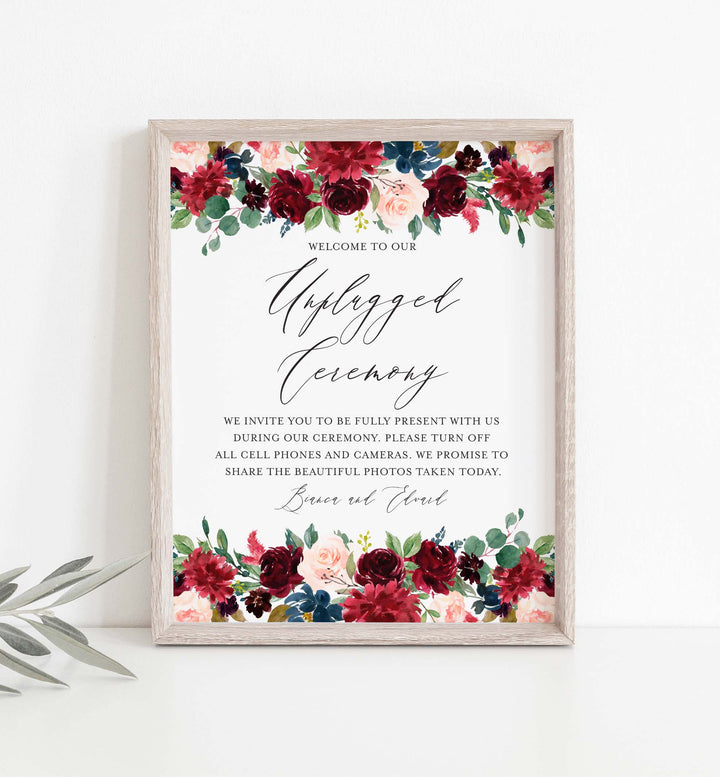 Burgundy Navy Wedding Unplugged Ceremony Sign Printable